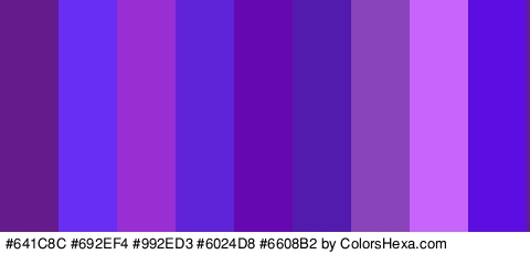 #641C8C #692EF4 #992ED3 #6024D8 #6608B2 #531BAD #8944BA #C764FC #5B0DE2 Colors Logo