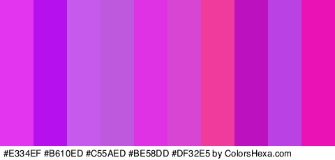 #E334EF #B610ED #C55AED #BE58DD #DF32E5 #D646D3 #EF3B9B #BC11BF #BA42E5 #EA12B4 Colors Logo