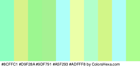#8CFFC1 #D9F28A #9DF791 #A5F293 #ADFFF8 #EAFFA8 #B2FFCC #D2F788 #AFFFF8 #ACFF8E Colors Logo