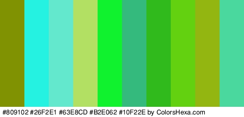#809102 #26F2E1 #63E8CD #B2E062 #10F22E #35BA7E #31BA1B #64D110 #93B710 #4BD89E Colors Logo