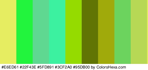 #E6ED61 #22F43E #5FD891 #3CF2A0 #95DB00 #607504 #A0AA0A #6CD35F #B7D854 Colors Logo