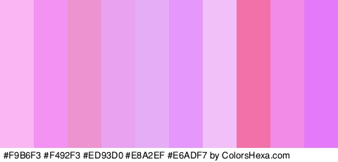 #F9B6F3 #F492F3 #ED93D0 #E8A2EF #E6ADF7 #E697FC #F1C0F9 #F271A9 #F28AE7 #E47AF9 Colors Logo