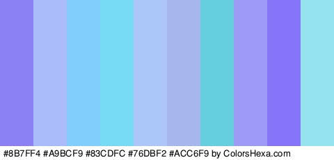 #8B7FF4 #A9BCF9 #83CDFC #76DBF2 #ACC6F9 #A8B7ED #67CEE0 #9E9BF7 #8775F9 #93E2ED Colors Logo