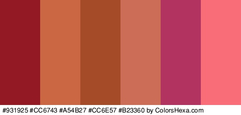 #931925 #CC6743 #A54B27 #CC6E57 #B23360 #F96D79 Colors Logo
