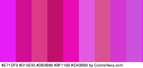 #E71DF9 #D10E93 #DB3B88 #BF116B #EA0BB6 #E25AE2 #D85293 #D339D1 #CB52DD Colors Logo