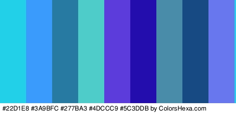 #22D1E8 #3A9BFC #277BA3 #4DCCC9 #5C3DDB #230DAD #498CAA #174A82 #6877ED Colors Logo