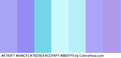 #A7A5F7 #948CF2 #76D5E8 #CCF8FF #B8EFF9 #ACA5F7 #AE98EA Colors Logo