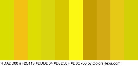 #DADD00 #F2C113 #DDDD04 #D8D50F #D6C700 #FCF814 #C49D03 #D3A913 #E5C916 #D3D006 Colors Logo