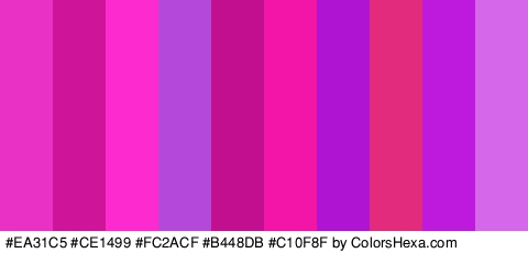 #EA31C5 #CE1499 #FC2ACF #B448DB #C10F8F #F215A8 #AE14D1 #E22B7D #BD1ADD #D467EA Colors Logo