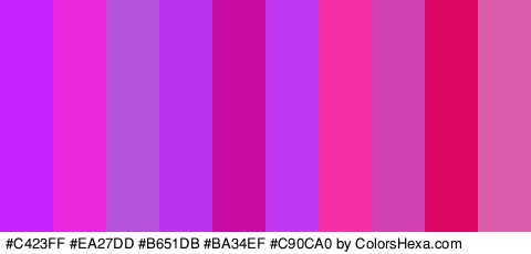 #C423FF #EA27DD #B651DB #BA34EF #C90CA0 #C037F2 #F42EA5 #D142B7 #DB0662 #DB5EAD Colors Logo