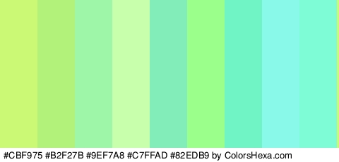 #CBF975 #B2F27B #9EF7A8 #C7FFAD #82EDB9 #9BFF8C #70F4C6 #89F9EA #7EFCD6 Colors Logo