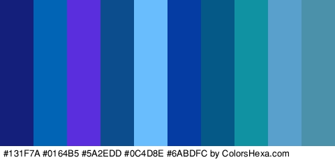 #131F7A #0164B5 #5A2EDD #0C4D8E #6ABDFC #043CA3 #045987 #1192A3 #59A0CC #4B91AA Colors Logo