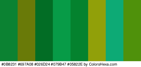 #0B8231 #697A08 #026D24 #079B47 #05822E #91A009 #0DAA76 #50910B Colors Logo
