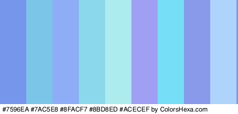 #7596EA #7AC5E8 #8FACF7 #8BD8ED #ACECEF #9F9FF4 #76DFF7 #8A9AEA #AED4FC Colors Logo