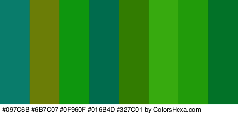 #097C6B #6B7C07 #0F960F #016B4D #327C01 #36AA0F #229B0A #027229 Colors Logo