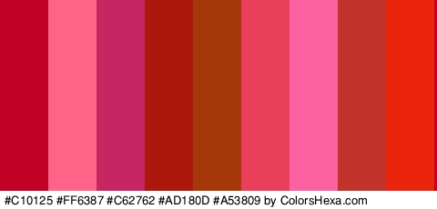 #C10125 #FF6387 #C62762 #AD180D #A53809 #EA3F5B #FC62A2 #C1342C #EA250B Colors Logo