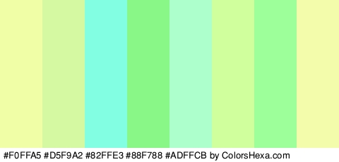 #F0FFA5 #D5F9A2 #82FFE3 #88F788 #ADFFCB #D0FF9E #9CFF99 #F3FCAB Colors Logo