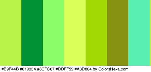 #B9F44B #019334 #8CFC67 #DDFF59 #A3D804 #849111 #5BEFB6 Colors Logo