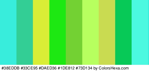 #38EDDB #33CE95 #DAED36 #1DE812 #73D134 #B6FF5E #C8DB51 #06C957 #4AF9DF Colors Logo