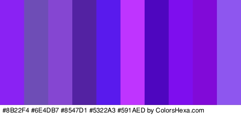 #8B22F4 #6E4DB7 #8547D1 #5322A3 #591AED #BF35FF #4E07BF #7F0EEF #820AD8 #8E56EF Colors Logo