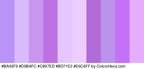 #BA93F9 #D9BAFC #C897ED #BD71E2 #E6C6FF #EDCCFF #B16CD8 #BA93ED #C471F7 #E6ADFF Colors Logo