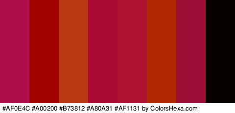 #AF0E4C #A00200 #B73812 #A80A31 #AF1131 #B22801 #9E0E34 #0A0000 Colors Logo