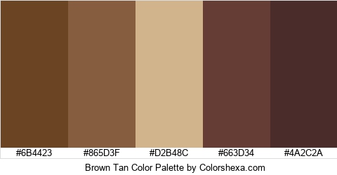 Brown Tan Color Palette #6B4423 #865D3F #D2B48C #663D34 #4A2C2A Hex