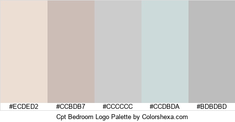 Cpt Bedroom Logo Palette #ECDED2 #CCBDB7 #CCCCCC #CCDBDA #BDBDBD Hex