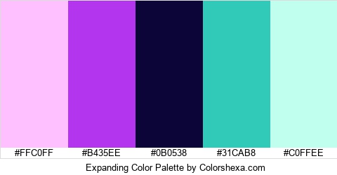 Expanding Color Palette #FFC0FF #B435EE #0B0538 #31CAB8 #C0FFEE Hex