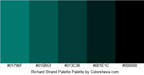 Richard Strand Palette Palette #01796F #015B53 #013C38 #001E1C #000000 Hex