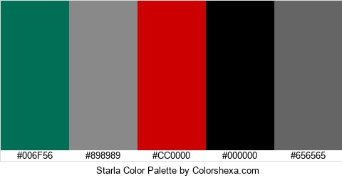 Starla Color Palette #006F56 #898989 #CC0000 #000000 #656565 Hex