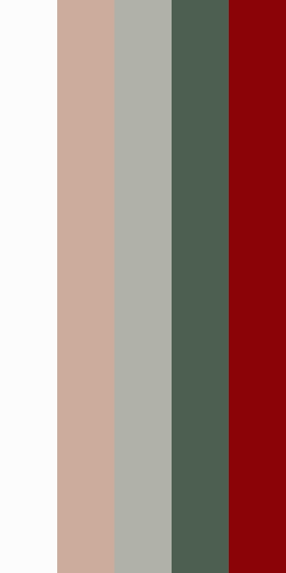 Komaeda Nyagito Logo Palette #FEFBF9 #CAAA9E #B0B0A9 #4D6052 #890302 Hex